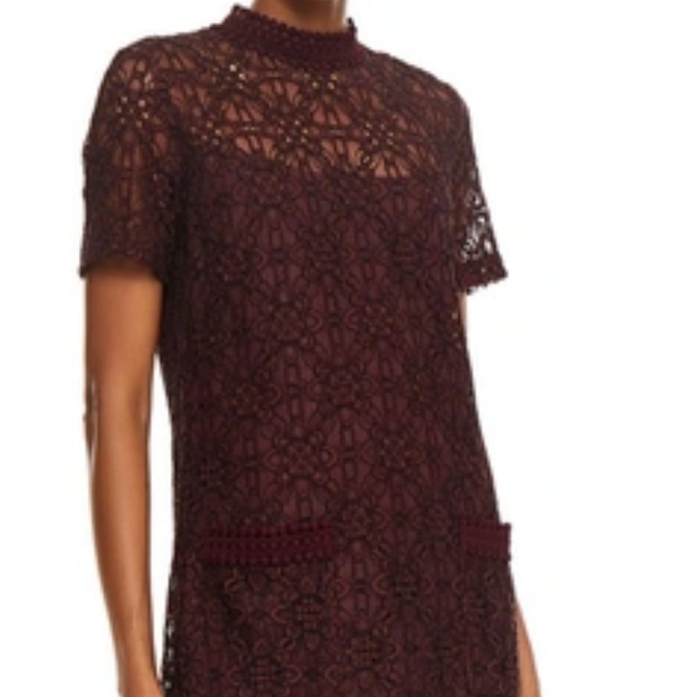 NWT SANDRO Paris Bordaux Floral Lace Mini Shift Dress Short Sleeve 6 - Picture 2 of 10